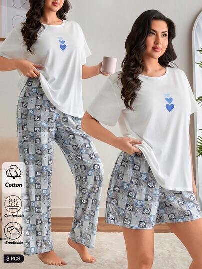 SHEIN Cotton Line Plus Size Women Cute Heart Pattern Casual Round Neck Short Sleeve Comfy Top, Flower Printed Shorts And Pants 3 Pcs Set