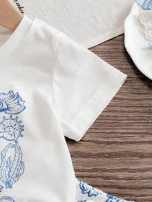 SHEIN Bộ áo thun và quần short in hình đại dương cho bé gái. - trắng - Xem 5