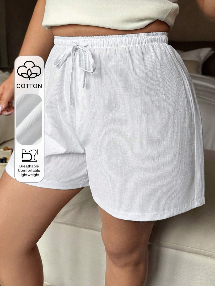 Dazy Plus Minimalist Striped Button Decor Short Pajama Bottoms, Plus Size Women's White Sleepwear Bottoms For Spring & Summer - White - View 1