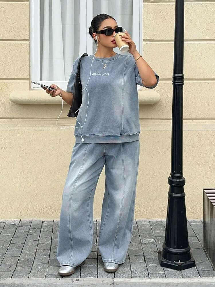 Dazy Plus 大码女装两件套，字母刺绣水洗深蓝色宽松长袖上衣和裤子，春秋夏季 - 淺色水洗藍 - 查看 6