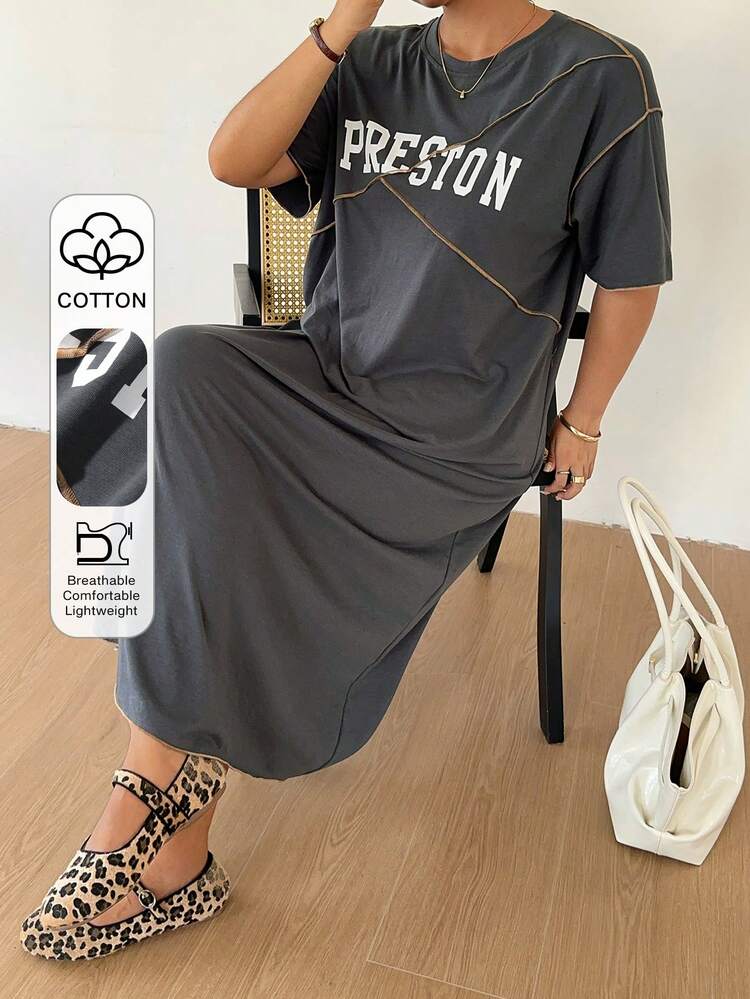 Dazy Plus Plus Size Women's Casual Gray Dress With Letter Print, Split Line & Decorative Stitching, Summer Sun Dresses For Women