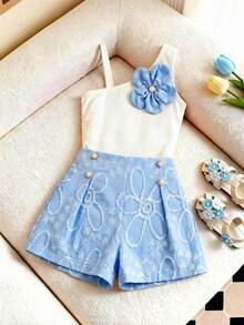 Souflis Souflis Summer Young Girls' Outfit,Cute 3D Flower White Ribbed Tank Top + High Waist Pearl Beaded Jacquard Shorts 2-Piece Set,Comfortable Casual INS Style - Multicolor - View 5