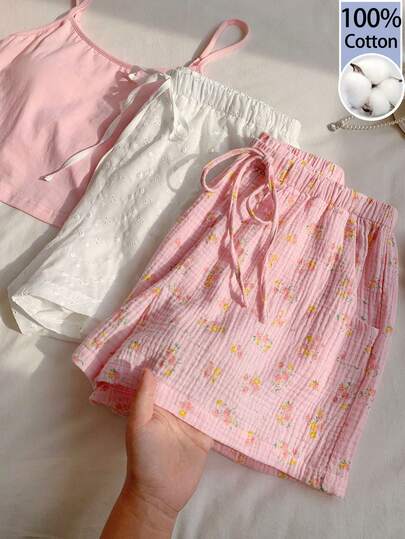 Comfortcana Pantaloncini casual da donna con colore solido + stampa floreale intrecciata