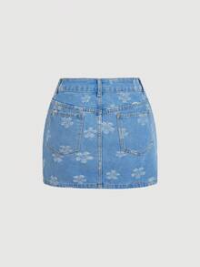 Sweetra Bộ đồ denim thường ngày dành cho nữ, gồm áo hai dây buộc cổ, in họa tiết hoa, cài cúc đơn và chân váy ngắn. - Màu xanh lam - Xem 6
