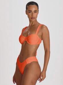 Musera Resort Underwire Thick Shoulder Ruched Cup Bikini Top Swim Vacation Holiday Summer Travel Beachwear Basics Solid Colour Swimwear Resort Core - Coral Orange - View 3