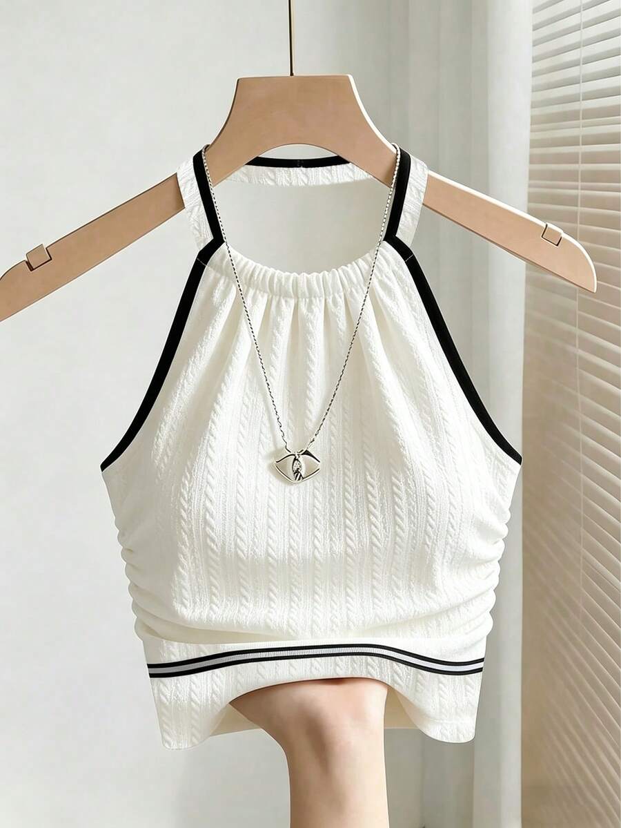 Franclia 女款性感細肩帶抓皺短版無袖白色休閒背心,夏季上衣,女款夏季穿搭,復活節上衣,派對上衣,女款優雅派對上衣,女款度假穿搭,女款沙灘穿搭,沙灘穿搭,女款優雅上衣,女款休閒上衣,拼色上衣,白色上衣,細肩帶上衣,女款度假穿搭,女款運動服,女款社交上衣/正式上衣,社交上衣/工作服上衣,女款拼色上衣,性感上衣,紋理上衣 - 黑與白 - 查看 1