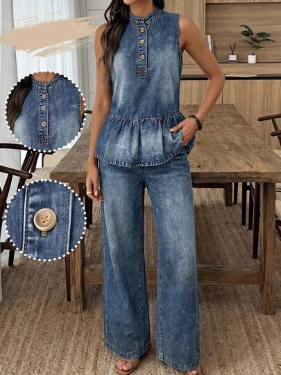 EMERY ROSE Mature Denim Bộ đồ denim thường ngày dành cho nữ, gồm áo không tay cổ phối màu tương phản và quần dài.