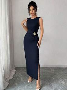 SHEIN Raffinéa 女士优雅金属装饰侧开衩无袖连衣裙，夏季 - 藏蓝色 - 查看 6