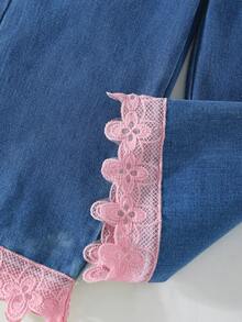 Girls Light Pink T-Shirt Set,Round Neck Top With Puff Sleeves,Front Floral Applique,Casual Denim Pants With Ruffle Hem,Summer Birthday Outfit,Elegant - Pink - View 6