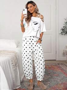 EMERY ROSE Celana Jeans Wanita Motif Polkadot dengan Ujung Bawah Dilipat - Hitam dan Putih - View 5