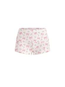 ROMWE Kawaii Cute Bow Print White Adorable Collegiate Sexy Basic Cute Low-Cut Shorts For Women Honeymoon Summer - Pink - View 1