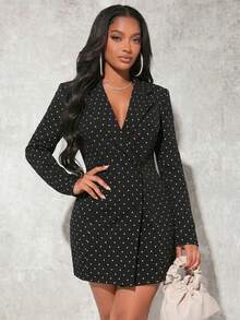 SHEIN SXY Plus Size Women Polka Dot Print Button Long Sleeve Blazer Jacket, Commuter Wear - Black - View 1
