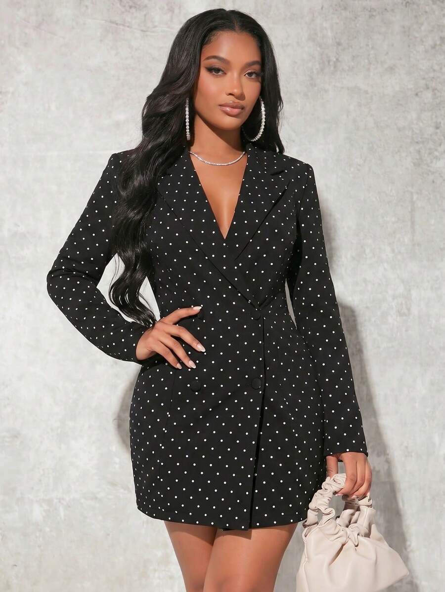 SHEIN SXY Plus Size Women Polka Dot Print Button Long Sleeve Blazer Jacket, Commuter Wear - Black - View 1
