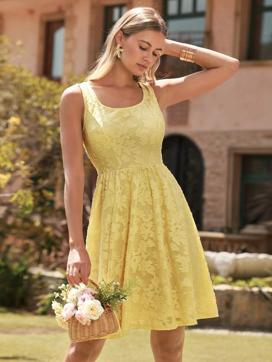 Amorya 優雅女款黃色夏季紋理提花無袖收腰A字彈性針織洋裝,波希米亞風婚禮賓客休閒通勤度假穿搭 - 黃色 - 查看 1