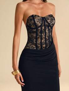 SHEIN BAE Đầm hè gợi cảm, thanh lịch với chất liệu ren đen và lưới, kiểu đuôi cá, thích hợp cho ngày Valentine, tiệc tùng, hẹn hò lãng mạn, phù dâu, đám cưới, dạ hội, sinh nhật. - màu đen - Xem 6