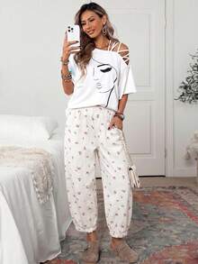 SHEIN Holidaya Quần jeans nữ ống lửng in hoa nhỏ - trắng - Xem 5