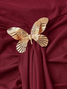 SHEIN MOD Damen Große Größen Braun Gerafftes Kleid, Herbst Kleider für Damen, Halloween Kleid, Hochzeitsparty Kleid, Elegantes Damen Kleid, Abendkleid, Weihnachtskleid, Winterkleid, Silvester Kleid, Weihnachtsparty Kleid, Thanksgiving Outfit, Halloween Outfit - Bordeaux - Übersicht 2