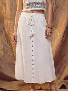 Fembélia Rok A-Line Kancing Depan Warna Polos Kasual Wanita Gaya Girlism untuk Golf dan Musim Panas Pastel - Putih - View 6