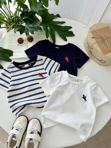 LMoss Kids 3件套男婴针织纯色条纹圆领修身休闲T恤套装 - 彩色 - 查看 8