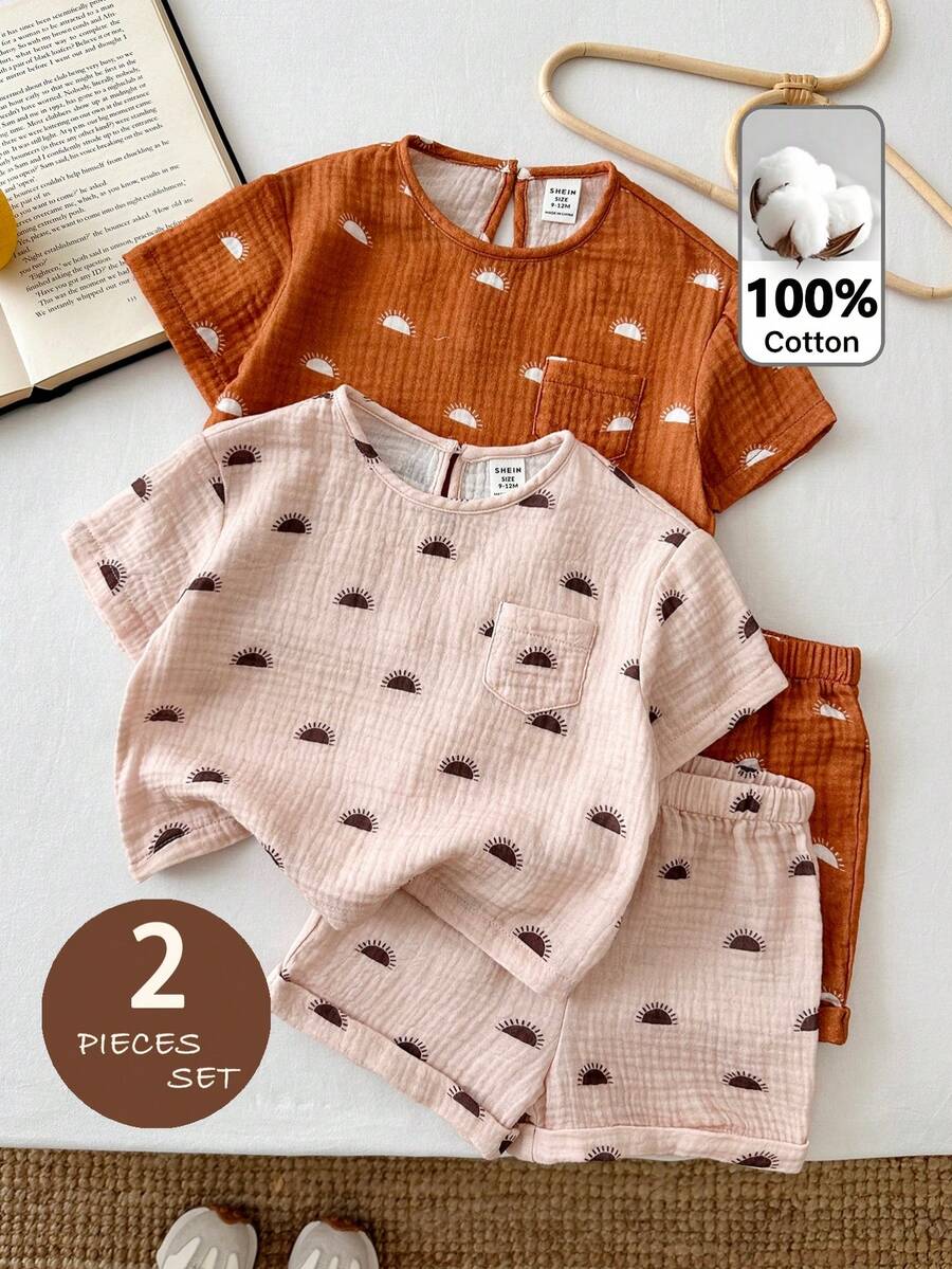 LMoss Kids 2pcs Baby Girl Woven Round Neck Casual T-Shirt And Shorts Set - Multicolor - View 1