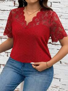 SHEIN Clasi Plus Size Women V-Neck Lace Patchwork Casual Versatile Daily Wear T-Shirt - Red - View 8