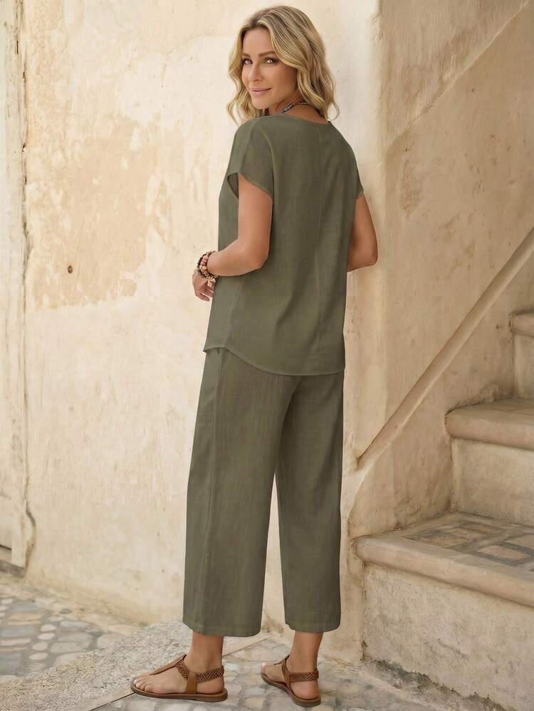 2pcs Women's Solid Color Round Neck Short Sleeve Top And Full Length Pants Set