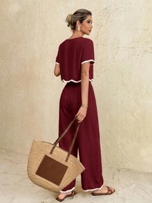 SHEIN Frenchy 女士度假休闲撞色滚边上衣和裤子两件套 - 酒紅色 - 查看 2