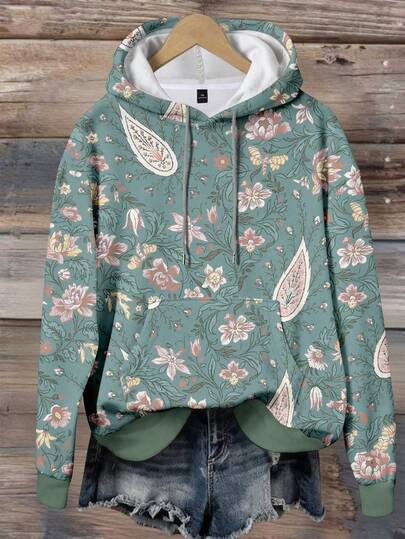 SHEIN LUNE CURVE Áo nỉ nữ cỡ lớn in họa tiết hoa, áo hoodie dây rút in họa tiết đồ họa thanh lịch bán chạy.