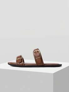 MOTF EUROPEAN STATION NEW RETRO FASHION BUCKLE DOUBLE STRAP FLAT ROUND TOE CASUAL CHIC MINIMALIST COMFORTABLE SOFT BEACH SLIDE SANDALS FOR WOMEN SUMMER - Brown - View 2