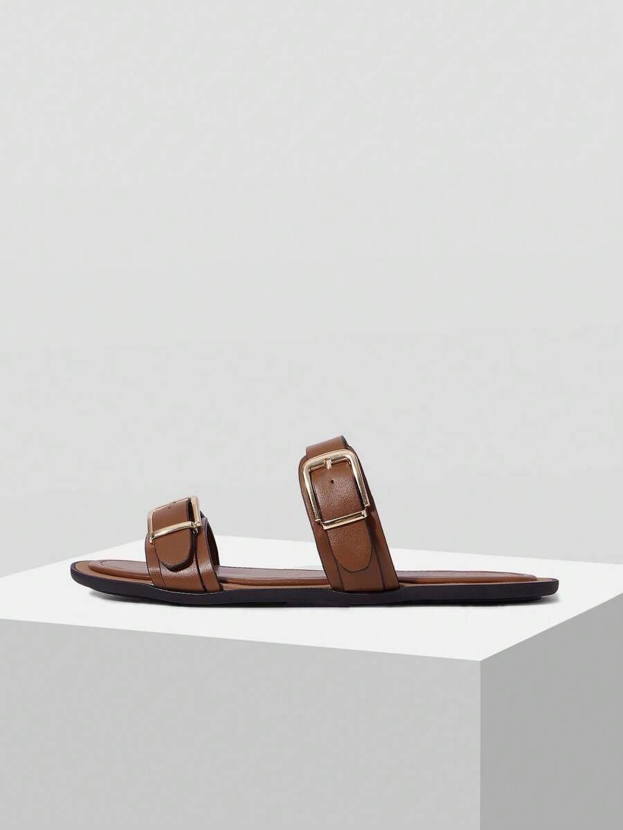 MOTF EUROPEAN STATION NYA RETRO MODE SPÄNN DUBBELREMMAR PLATTA RUNDA TÅ AVSLUTANDE CHIC MINIMALISTISKA BEKVÄMA MJUKA STRANDSANDALER FÖR DAM - Brun - Visa 2