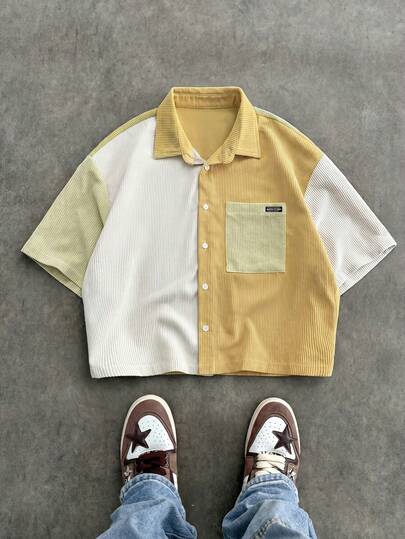 SWAVVY Men's Corduroy Patchwork Short Sleeve Shirt, Spring/Summer