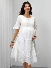 SHEIN Đầm ngắn tay cổ tròn thêu khoét rỗng thanh lịch dành cho bà bầu - trắng - Xem 4
