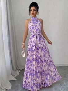 SHEIN Elenzya Đầm chữ A thanh lịch, lãng mạn, cổ bèo nhún họa tiết hoa nhí, eo xếp ly, thích hợp cho phụ nữ đi nghỉ mát, phù hợp cho kỳ nghỉ. - Nhiều màu - Xem 5