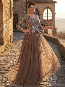 Serin Đầm maxi cỡ lớn sang trọng, thanh lịch với họa tiết ren đính ngọc trai và sequin, tay áo voan mỏng, thích hợp cho đám cưới, tiệc tùng, lễ hội, dạ hội, hoặc dành cho mẹ cô dâu. - Rượu sâm banh - Xem 5