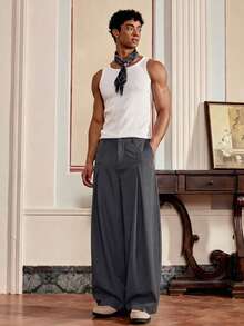 SWAVVY Men's Solid Color Pleated Wide Leg Loose Casual Pants - smoke gray - View 4