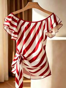 Franclia Off Shoulder Ruffle Trim Striped Blouse - Red - View 1