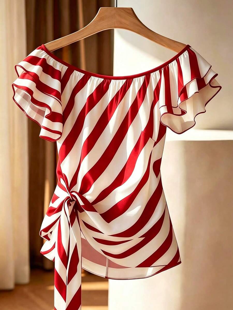 Franclia Off Shoulder Ruffle Trim Striped Blouse - Red - View 1