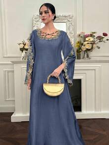 Yasmyna Đầm kiểu Ả Rập thanh lịch dành cho nữ, thêu họa tiết. - Màu xanh lam - Xem 4