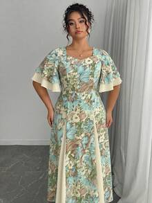 Modelyn Gaun Midi Motif Bunga Biru Ukuran Plus, Gaun A-Line Leher Persegi Elegan dengan Lengan Mengembang & Panel Beige, Gaun Lembut dan Anggun untuk Tamu Pernikahan, - MultiWarna - View 5