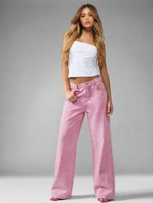 SHEIN PETITE Quần jeans nữ cạp cao, ống rộng màu hồng nhạt, thích hợp cho trang phục thường ngày mùa hè. Quần jeans nữ dáng rộng, có túi, ống loe, thích hợp cho trang phục thường ngày. - Hồng - Xem 7