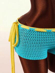 Amplova Hàng mới về: Quần short dệt kim nữ phối màu tươi sáng với chữ cái tương phản. - Màu xanh lam - Xem 5