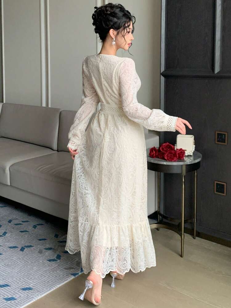 Casual Elegant Lace Cinched Waist Long Dress For Women, Spring & Summer