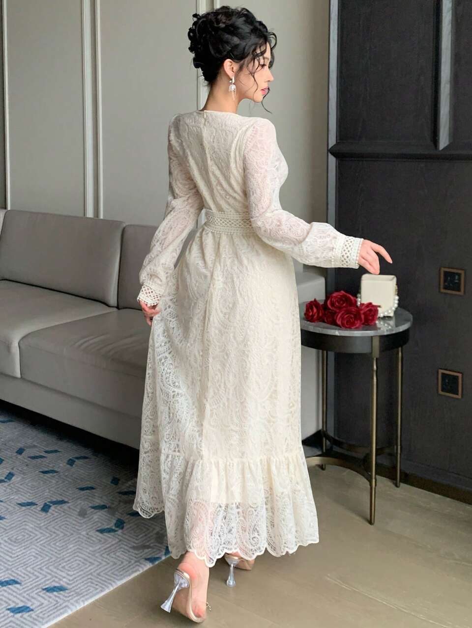 Casual Elegant Lace Cinched Waist Long Dress For Women, Autumn Sundress Holiday White Sequin