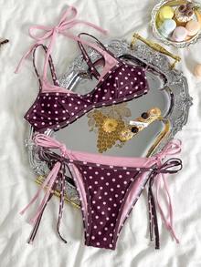 Elavelle Conjunto de Bikini 2 en 1 para Mujer con Estampado Aleatorio, Cuello Halter y Tirantes Finos, Primavera/Verano - Multicolor - Ver 2