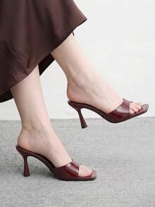 CUCCOO BIZCHIC 方头细高跟酒红色舒适简约一体式夏季时尚露趾女式高跟凉鞋拖鞋日常通勤百搭时尚性感女式凉鞋 - 酒紅色 - 查看 1