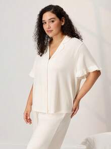 LUVLETTE Damen Große Größen atmungsaktive Baumwolle weiße Braut-Unterwäsche Kurzarm Knopfleiste Top & Hose luftige Loungewear süßes Pyjama Set Hose mit Taschen - Beige - Übersicht 11