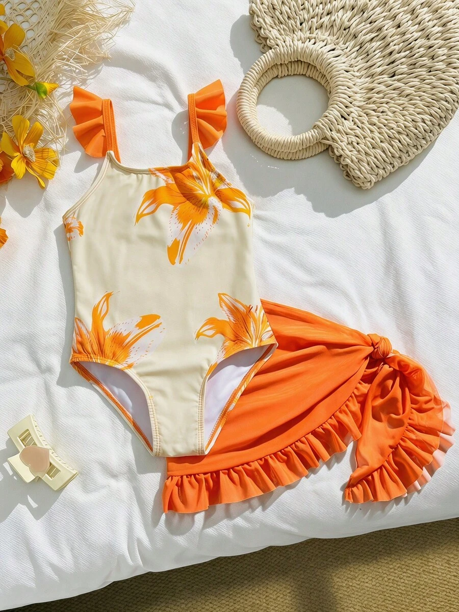SHEIN Bộ áo tắm in hoa cho bé gái kèm áo khoác ngoài và váy. - Nhiều màu - Xem 1