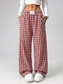SHEIN EZwear 休闲格子直筒裤 - 紅白色 - 查看 7