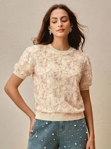 Anewsta Kaos Lengan Pendek Warna Pink Transparan Bergaya Vintage yang Elegan dan Melangsingkan - Berwarna merah muda - View 4
