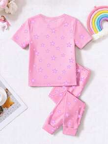 1 Set Mädchen Leuchtende Meerjungfrau Muster Eng anliegende Strick Kurzarm Top und Hose Pyjama Set - Pink - Übersicht 3